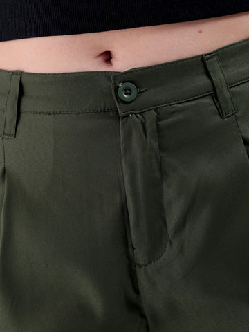 Women's Green Straight Solid Front Pleate Tapered Elasticated Trouser