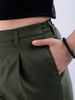 Women's Green Straight Solid Front Pleate Tapered Elasticated Trouser