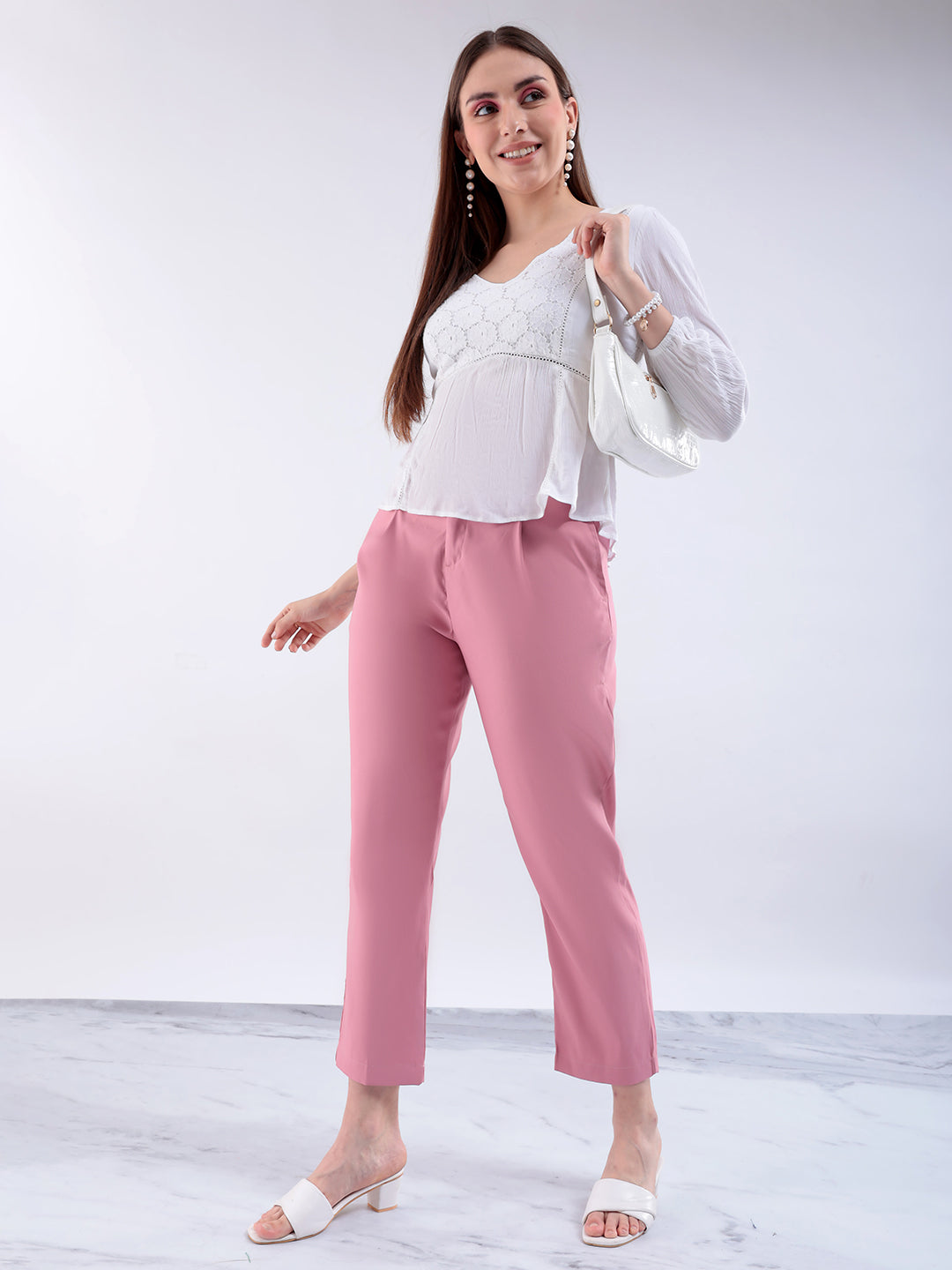 Women's Pink Straight Solid Semi Formal Elasticated Trouser