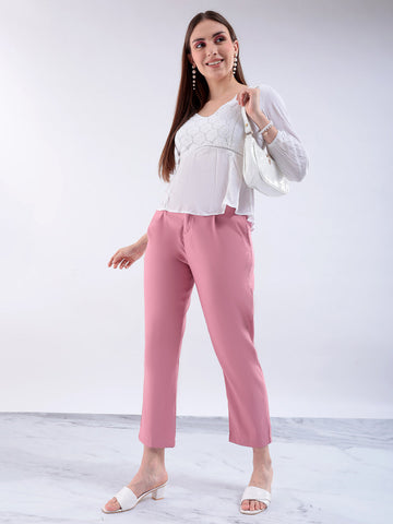 Women's Pink Straight Solid Semi Formal Elasticated Trouser