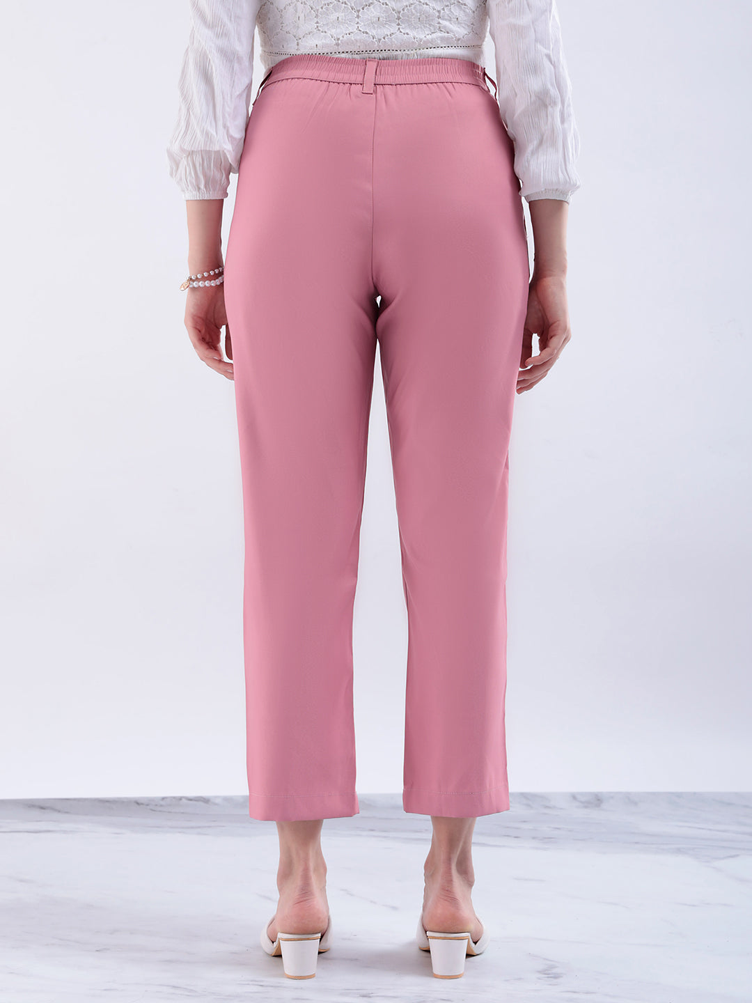 Women's Pink Straight Solid Semi Formal Elasticated Trouser