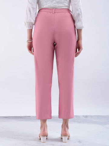Women's Pink Straight Solid Semi Formal Elasticated Trouser