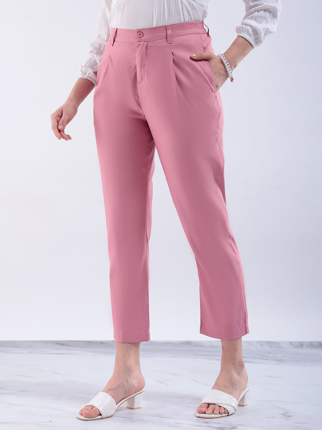 Women's Pink Straight Solid Semi Formal Elasticated Trouser