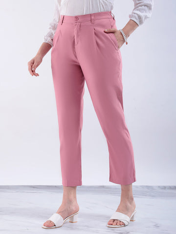 Women's Pink Straight Solid Semi Formal Elasticated Trouser
