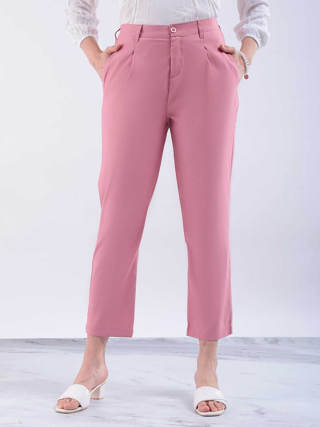 Women's Pink Straight Solid Semi Formal Elasticated Trouser