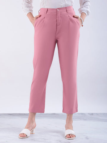Women's Pink Straight Solid Semi Formal Elasticated Trouser