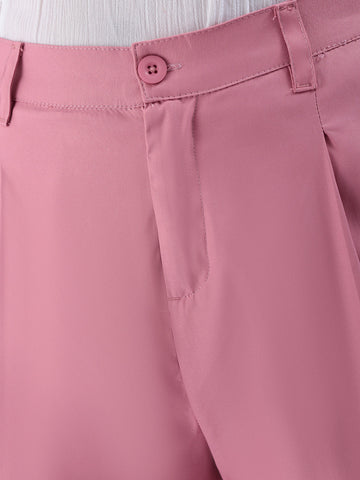 Women's Pink Straight Solid Semi Formal Elasticated Trouser