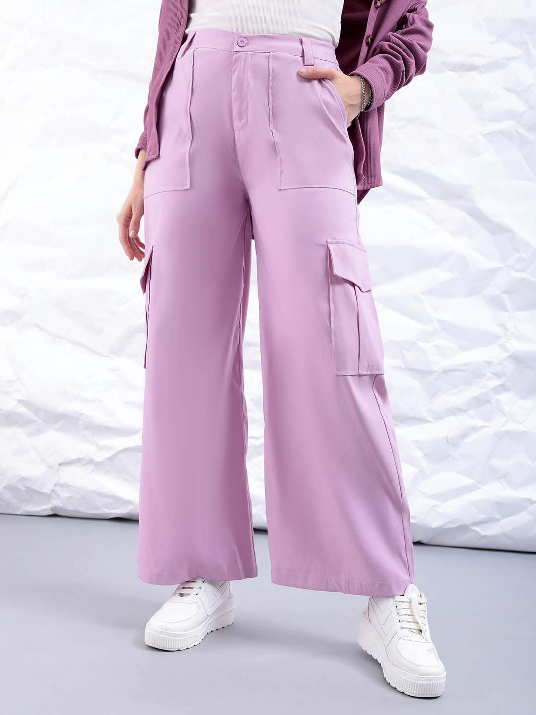 Women's Purple Flare Solid Elasticated Cargo Trouser