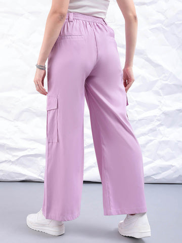 Women's Purple Flare Solid Elasticated Cargo Trouser