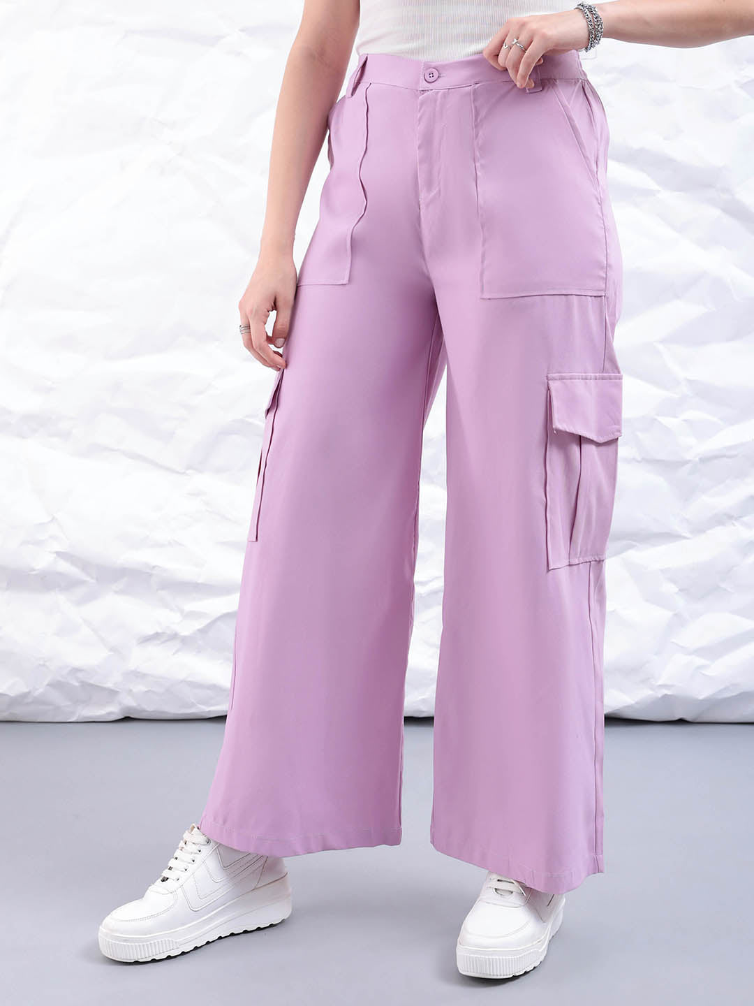 Women's Purple Flare Solid Elasticated Cargo Trouser
