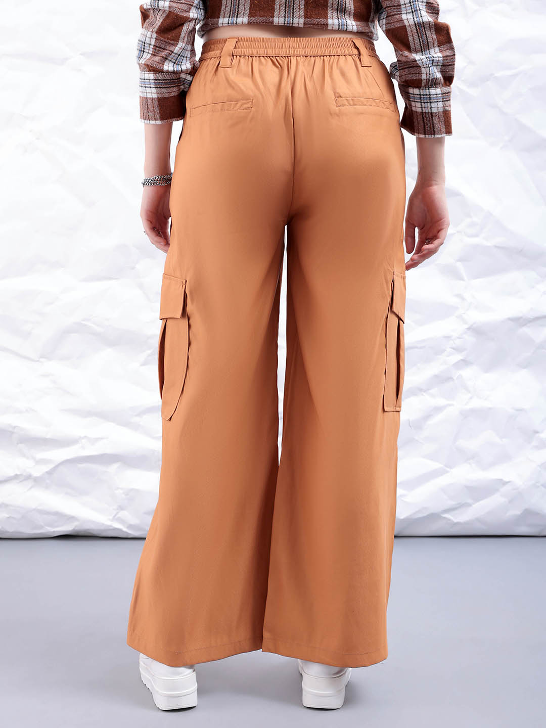 Women's Yellow Flare Solid Elasticated Cargo Trouser