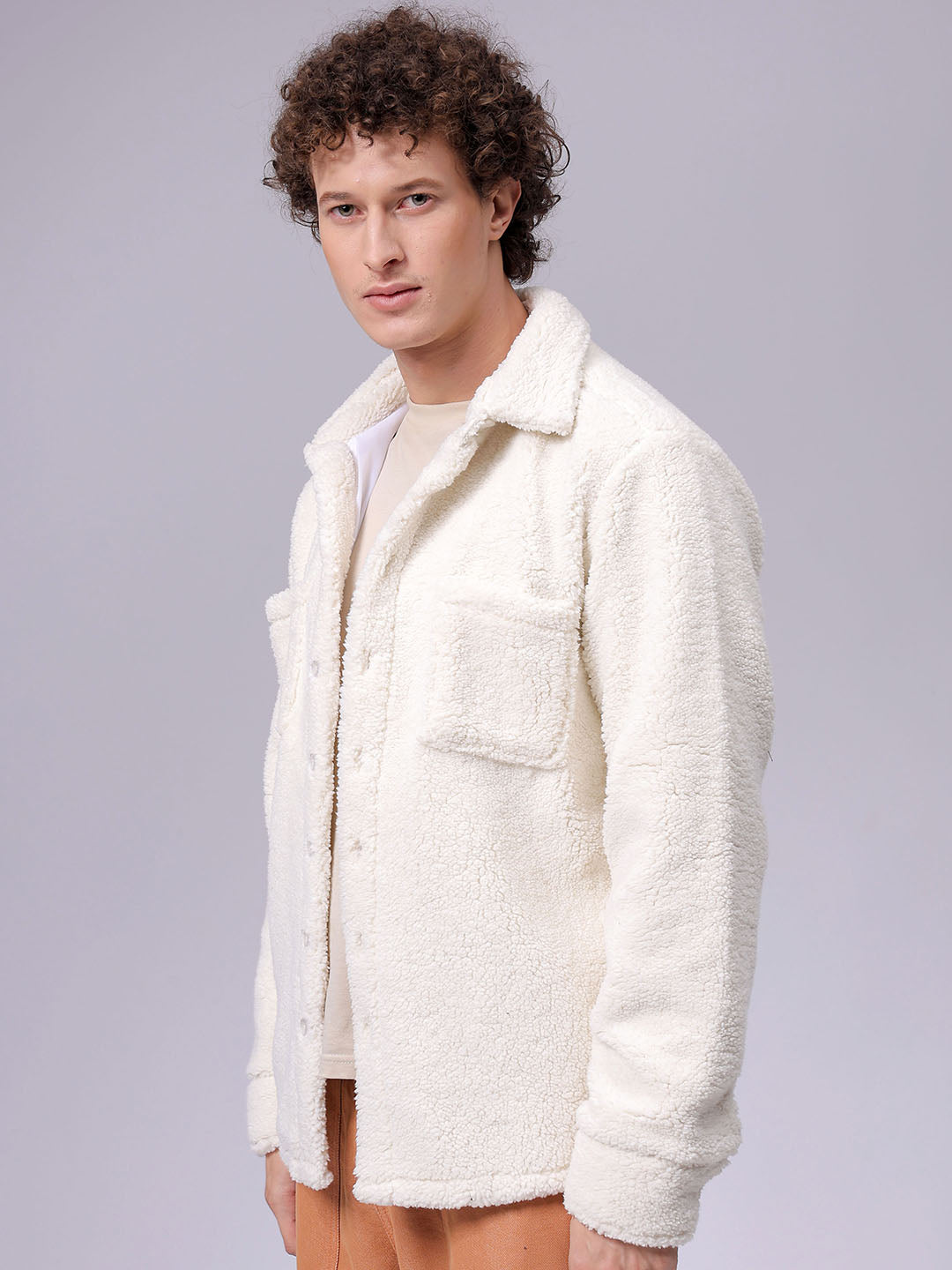 Men's Off White Regular Fit Solid Fleece Winter Shirt