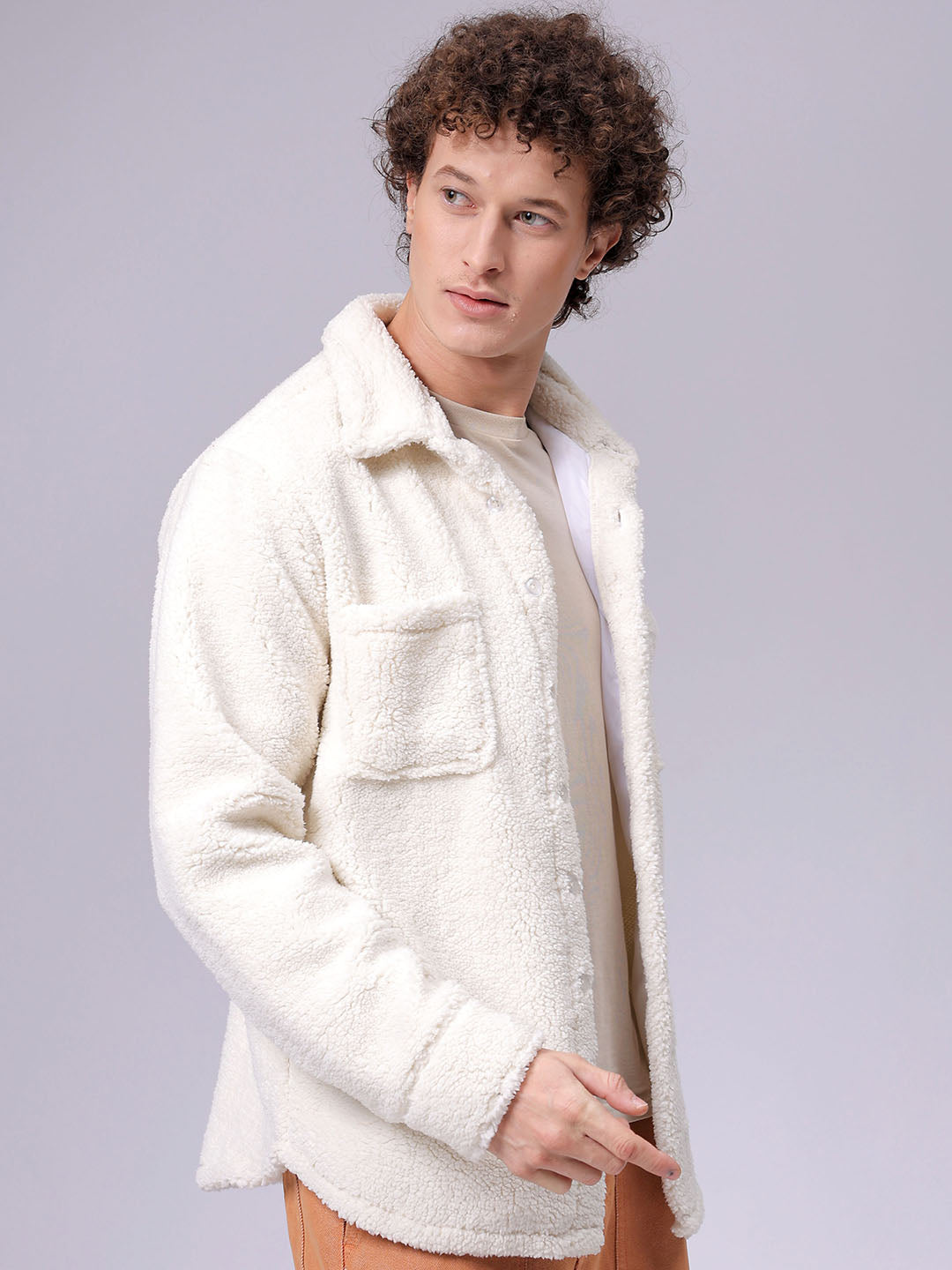 Men's Off White Regular Fit Solid Fleece Winter Shirt