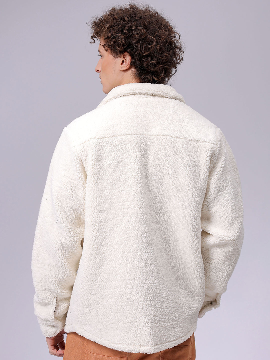 Men's Off White Regular Fit Solid Fleece Winter Shirt