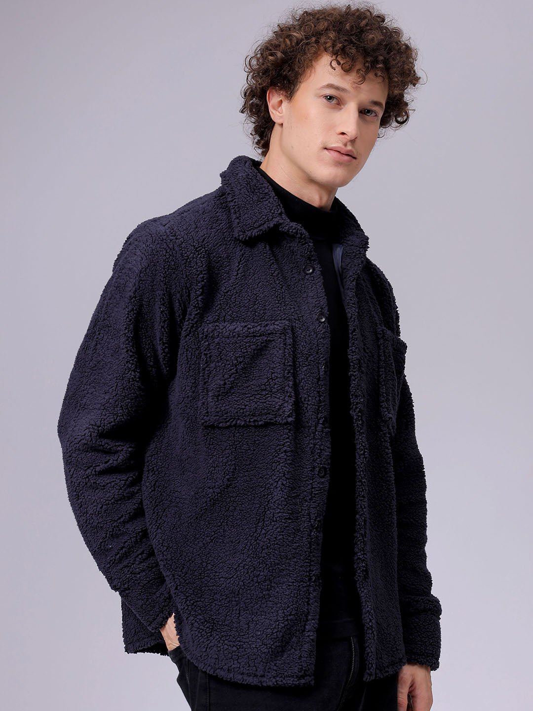 Men's Navy Blue Regular Fit Solid Fleece Winter Shirt