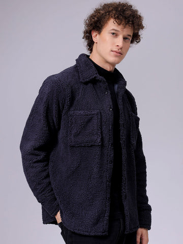 Men's Navy Blue Regular Fit Solid Fleece Winter Shirt