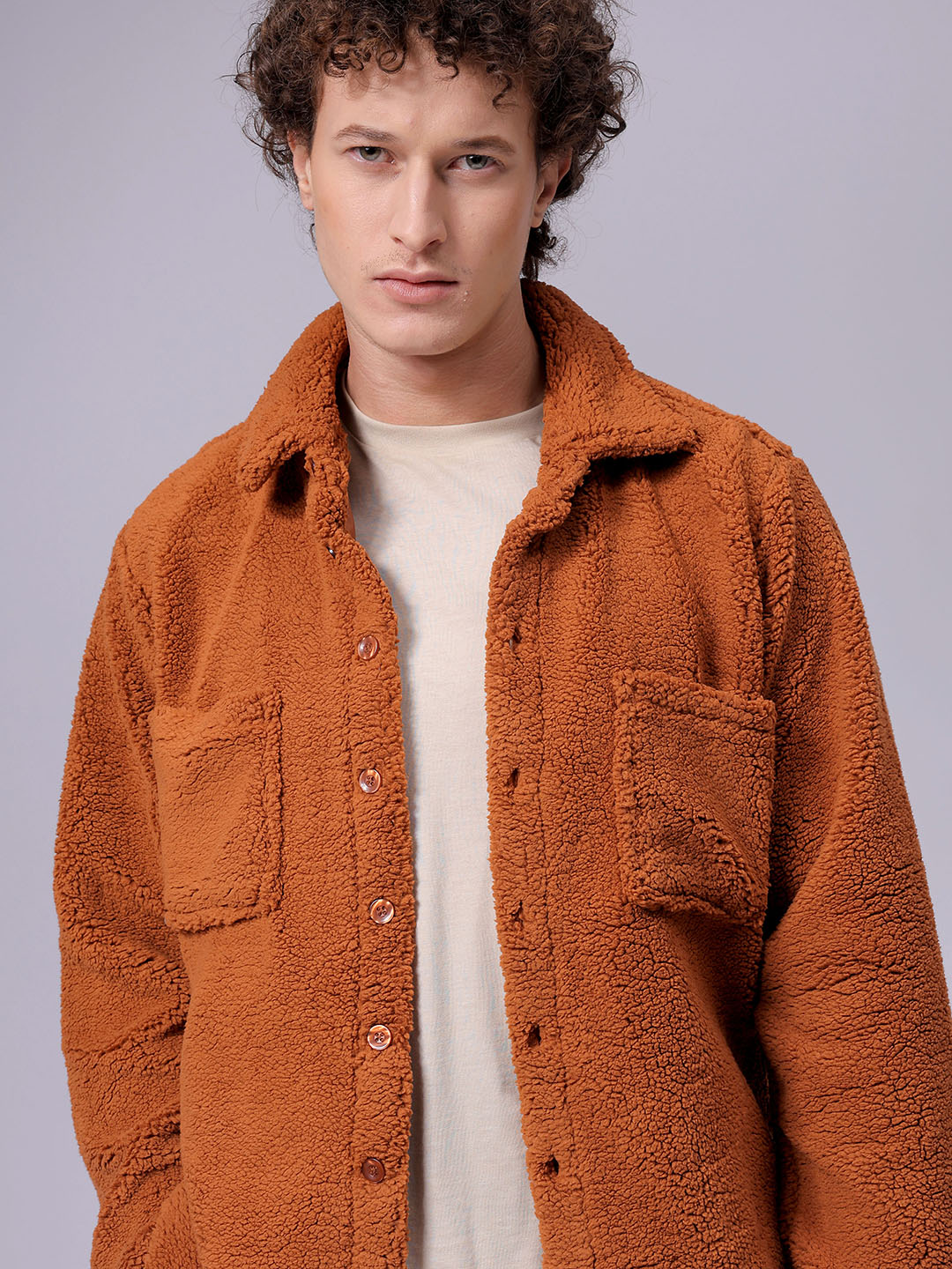 Men's Brown Regular Fit Solid Fleece Winter Shirt
