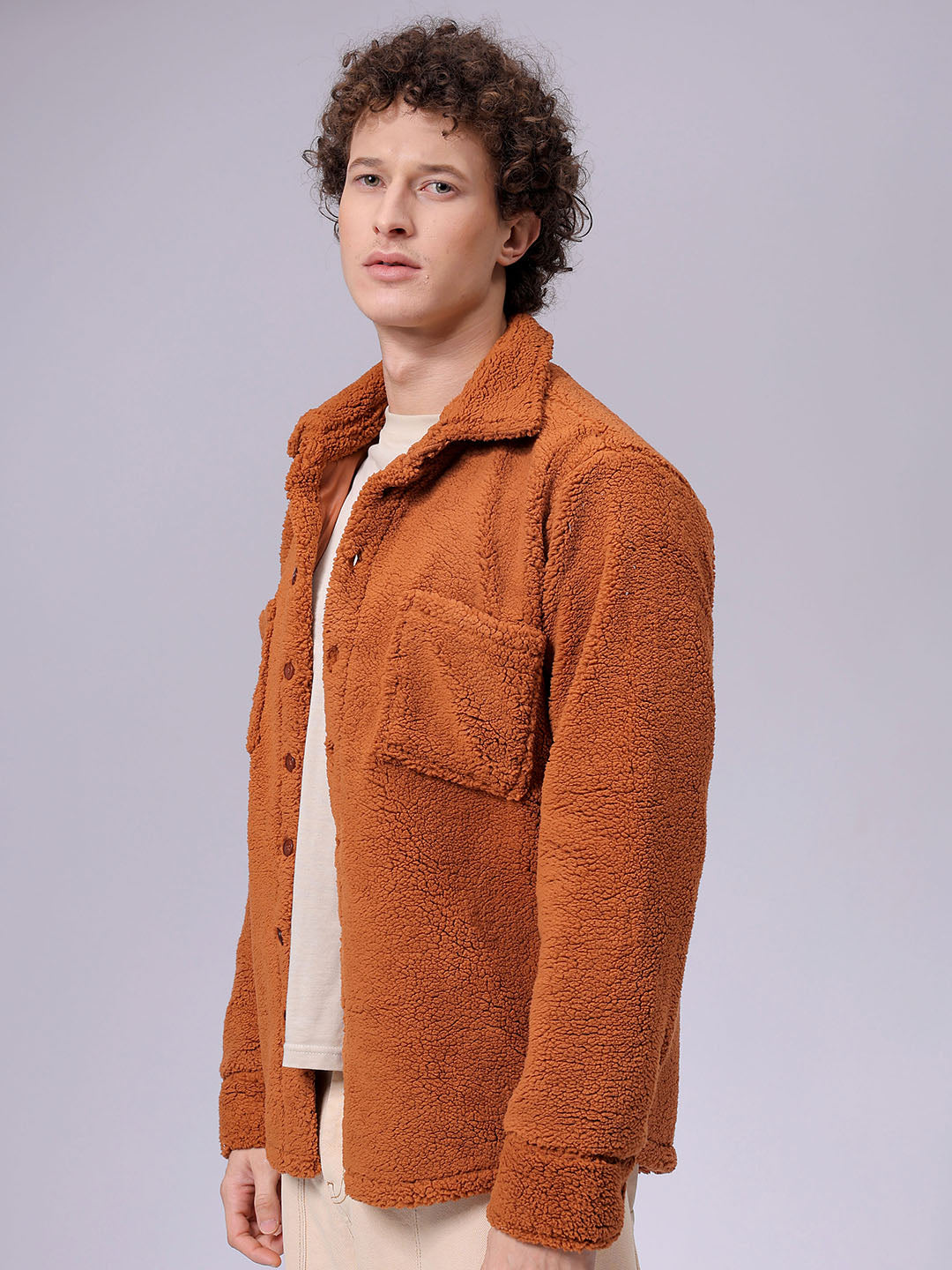 Men's Brown Regular Fit Solid Fleece Winter Shirt