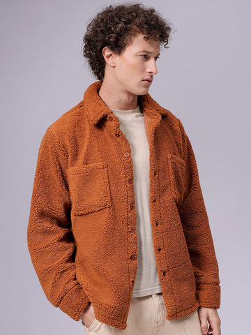 Men's Brown Regular Fit Solid Fleece Winter Shirt
