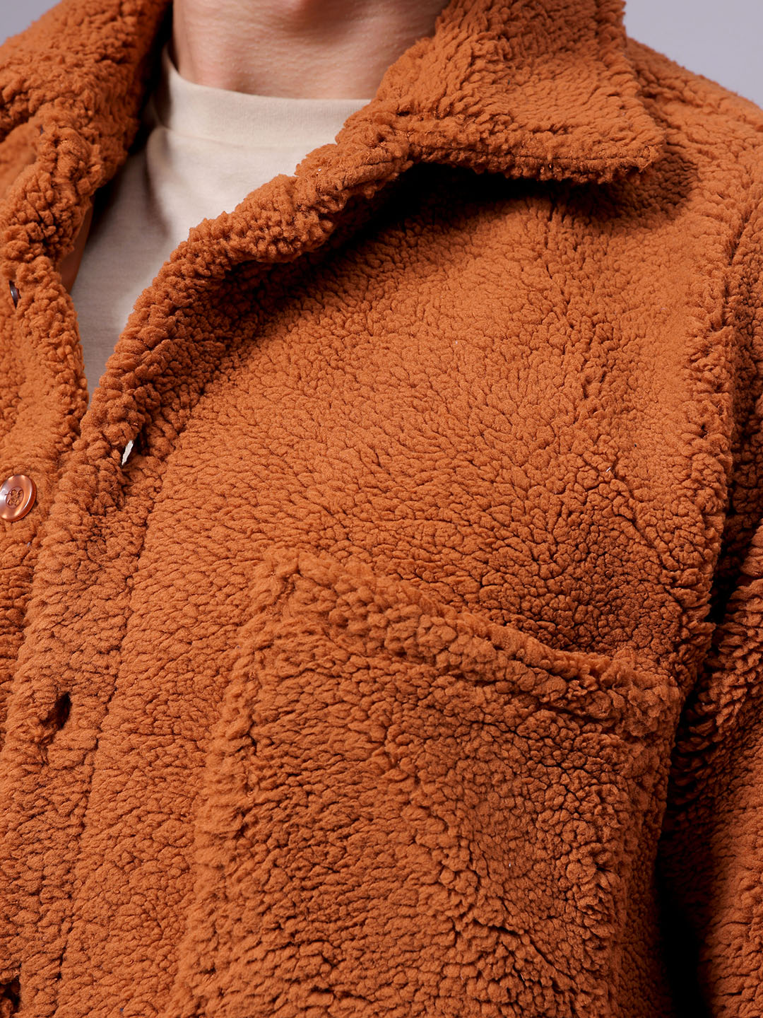 Men's Brown Regular Fit Solid Fleece Winter Shirt