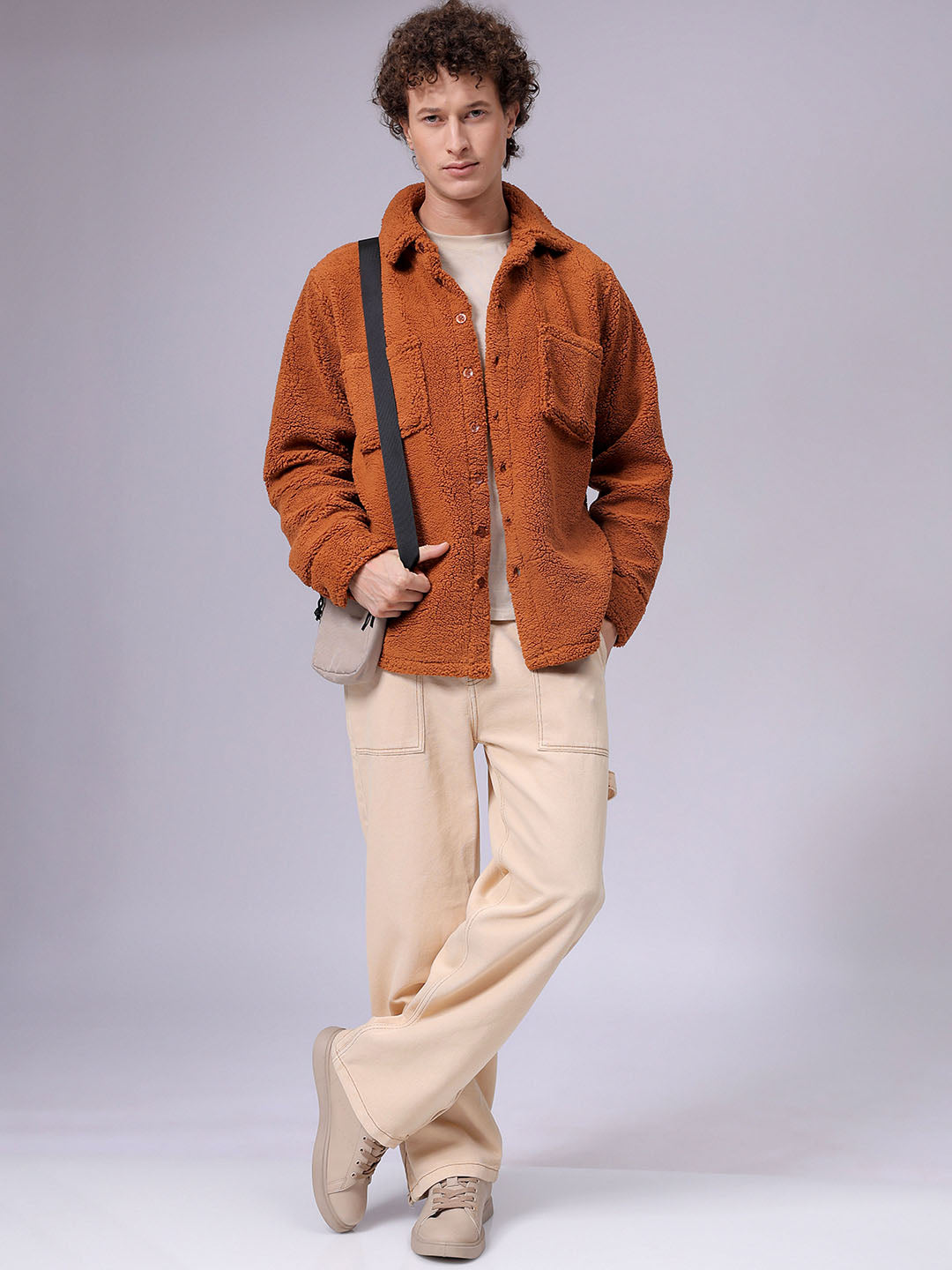 Men's Brown Regular Fit Solid Fleece Winter Shirt