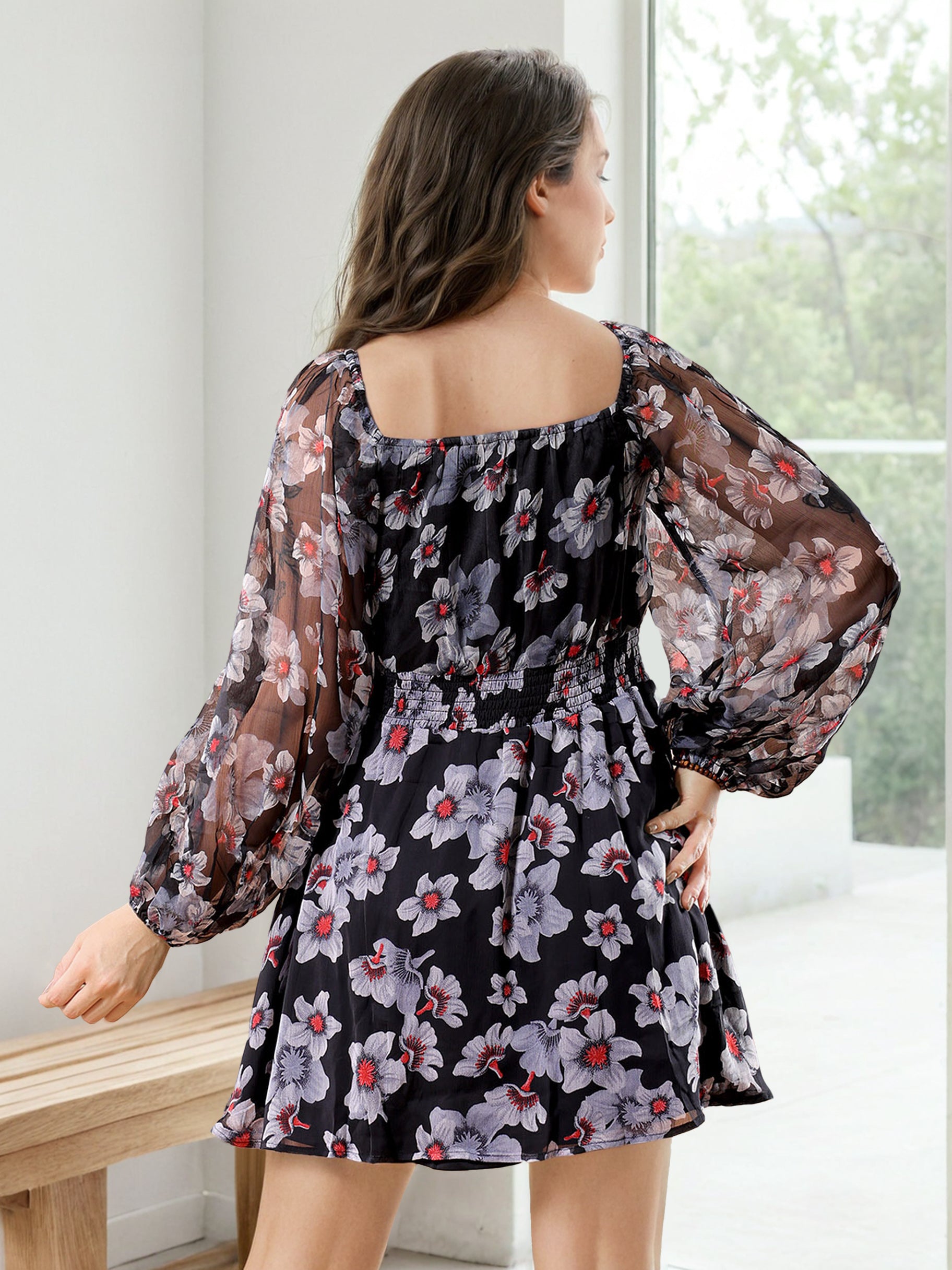 Women's Black Fit and Flare Floral Scoop Neck Mini Dress