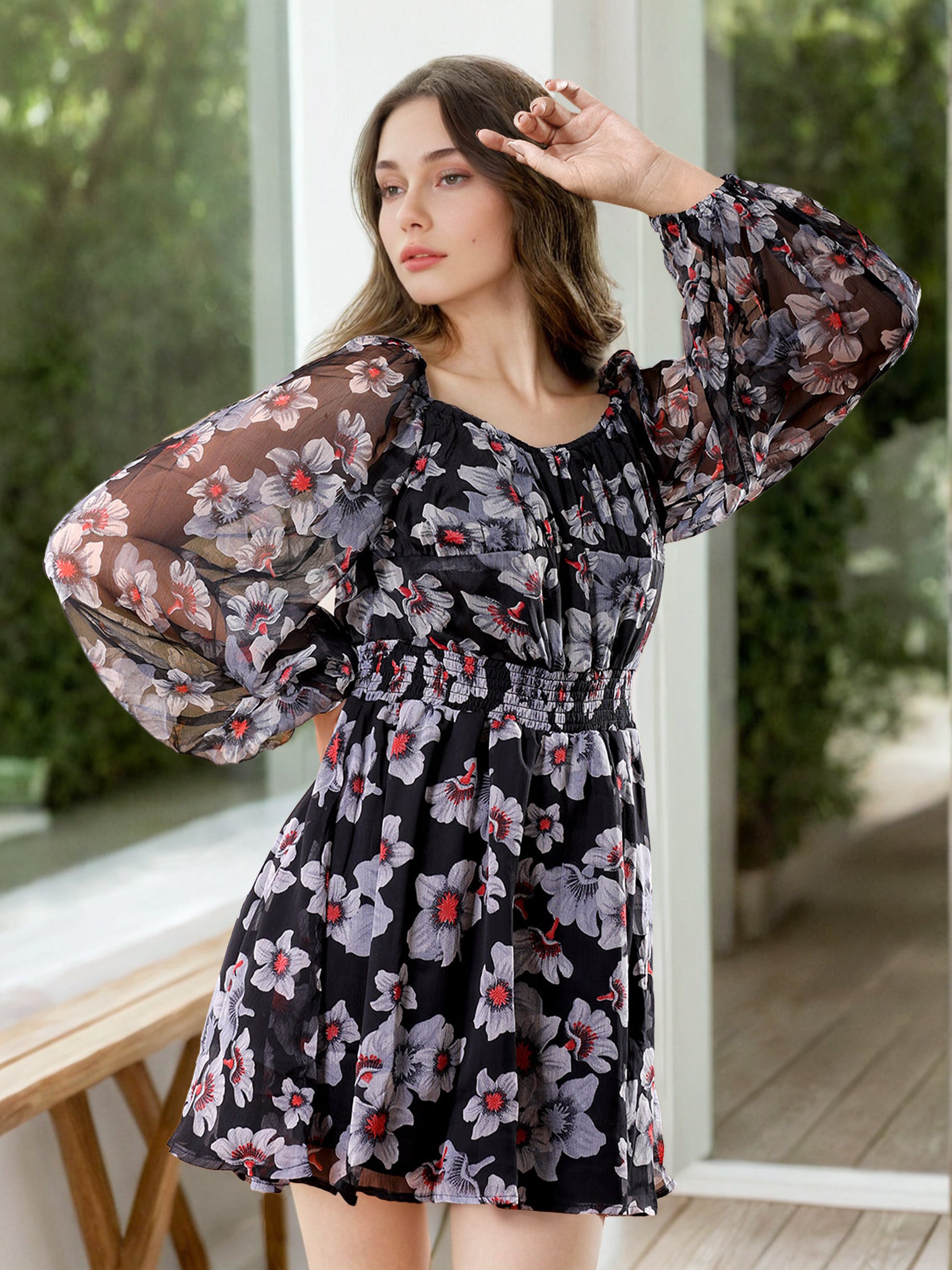 Women's Black Fit and Flare Floral Scoop Neck Mini Dress