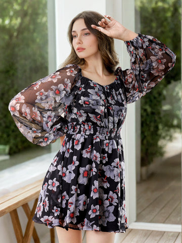 Women's Black Fit and Flare Floral Scoop Neck Mini Dress