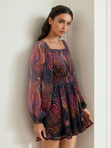 Women's Multicolor Fit and Flare Futuristic Scoop Neck Mini Dress