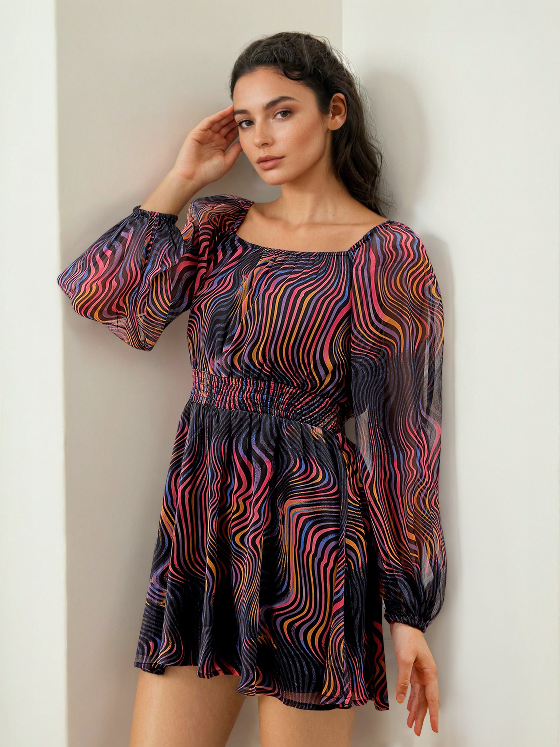 Women's Multicolor Fit and Flare Futuristic Scoop Neck Mini Dress