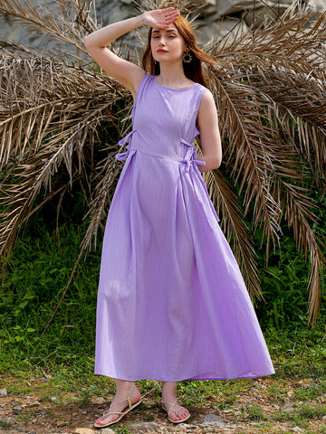Women's Purple Flare Textured Round Neck Midi Dress