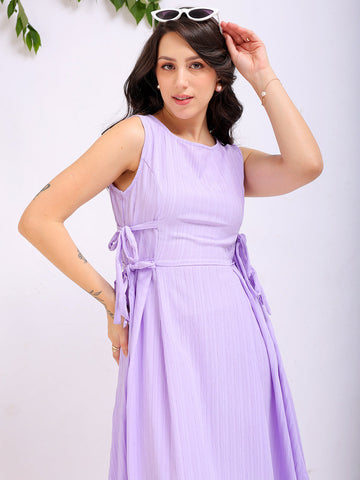 Women's Purple Flare Textured Round Neck Midi Dress