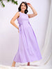 Women's Purple Flare Textured Round Neck Midi Dress