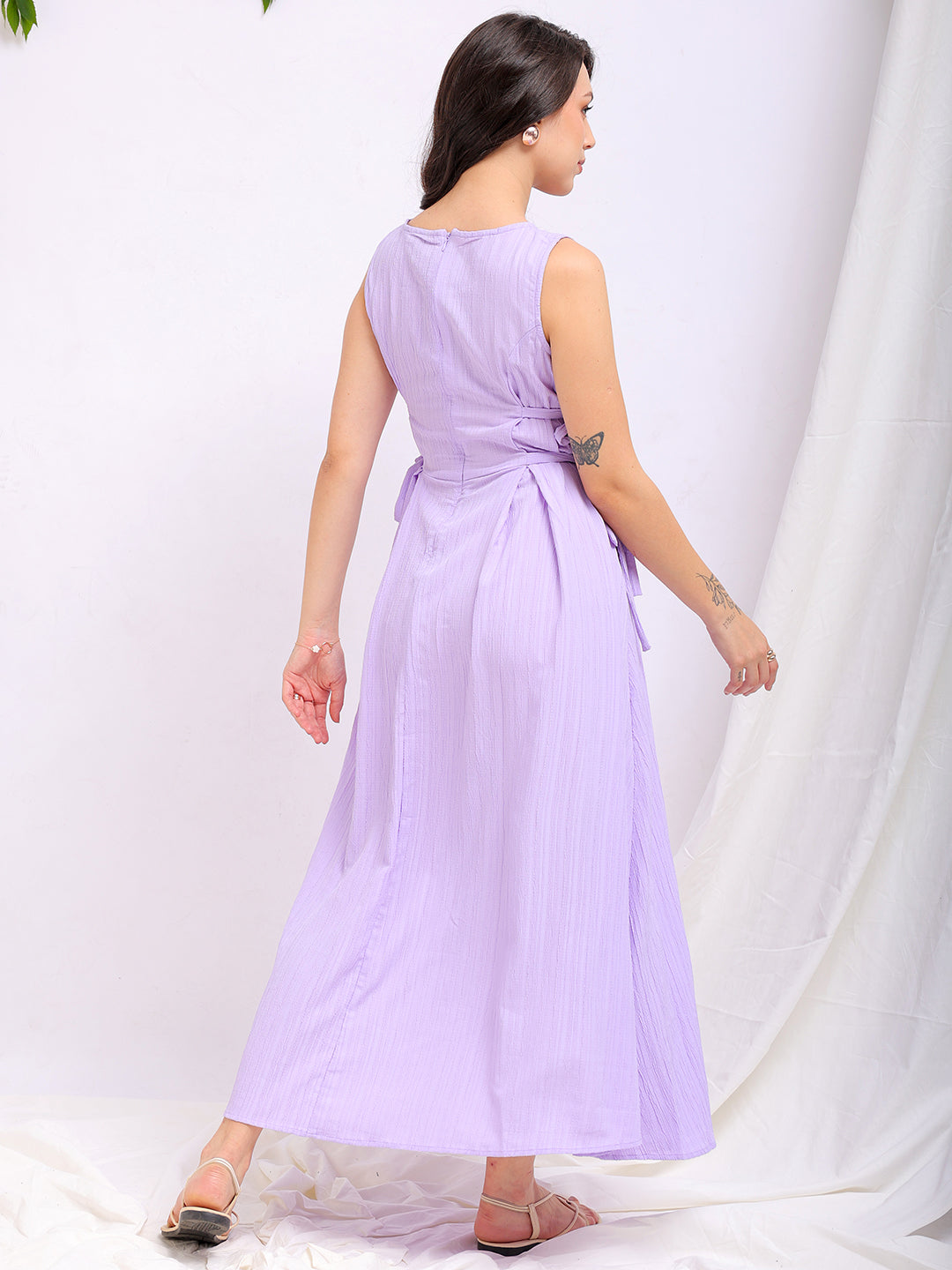 Women's Purple Flare Textured Round Neck Midi Dress