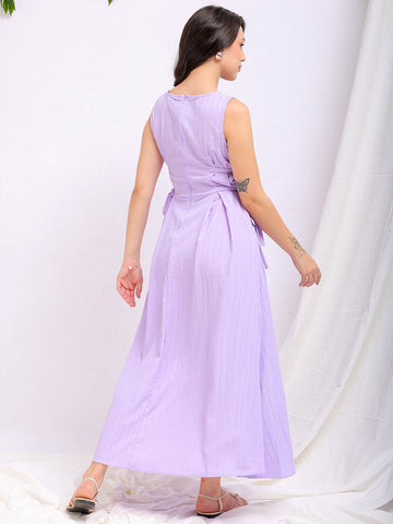 Women's Purple Flare Textured Round Neck Midi Dress