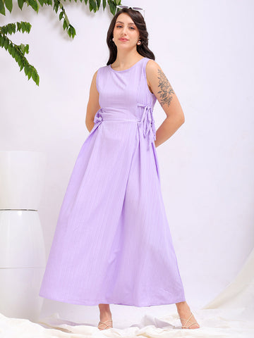 Women's Purple Flare Textured Round Neck Midi Dress