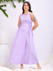 Women's Purple Flare Textured Round Neck Midi Dress