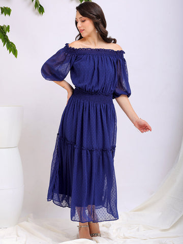 Women's Textured Fit and Flare Offshoulder Tiered Dress