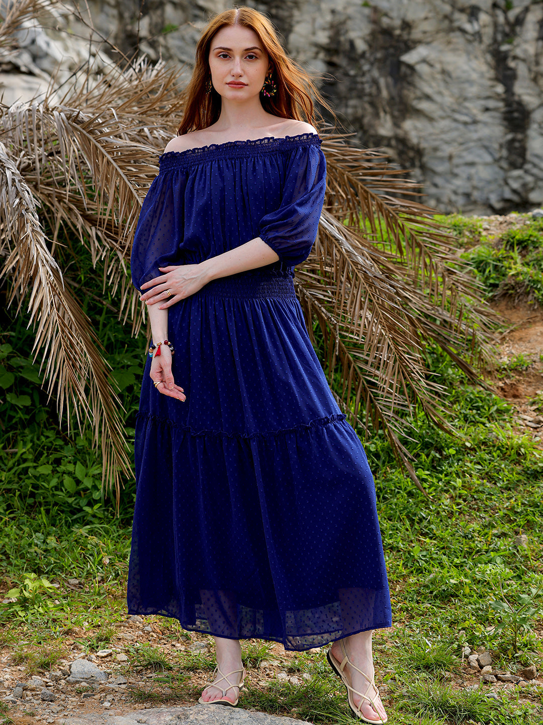 Women's Textured Fit and Flare Offshoulder Tiered Dress