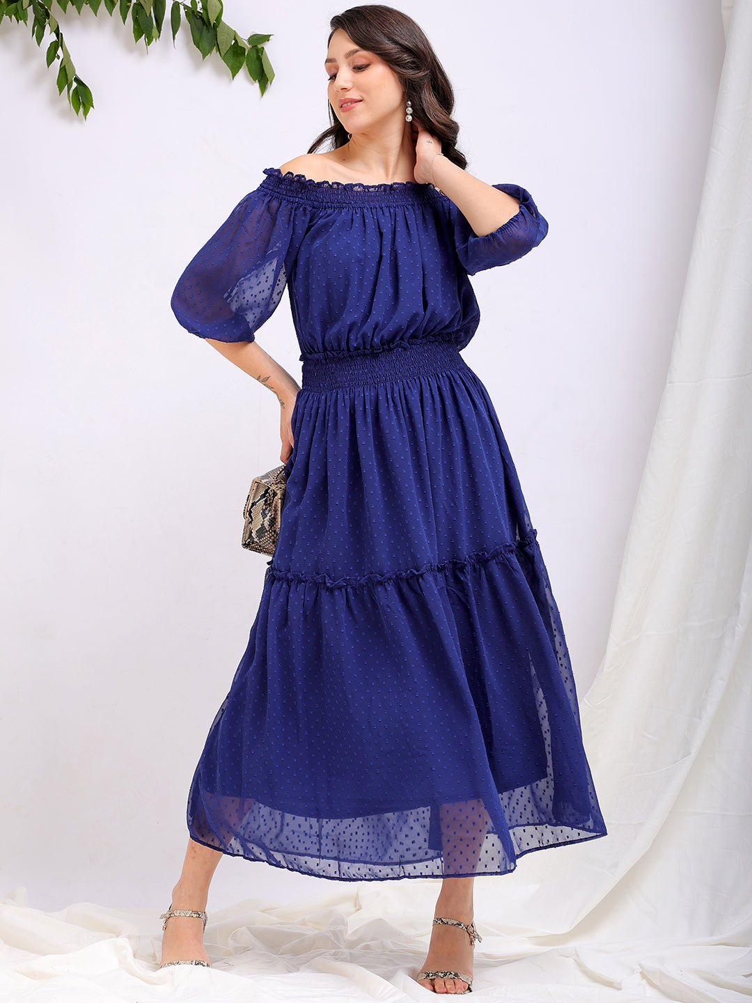 Women's Textured Fit and Flare Offshoulder Tiered Dress
