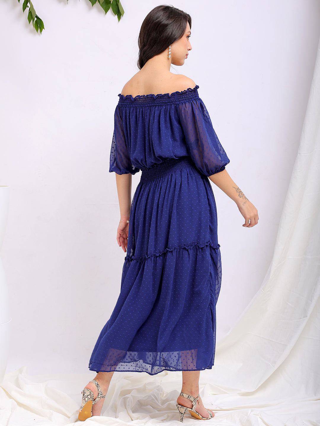 Women's Textured Fit and Flare Offshoulder Tiered Dress