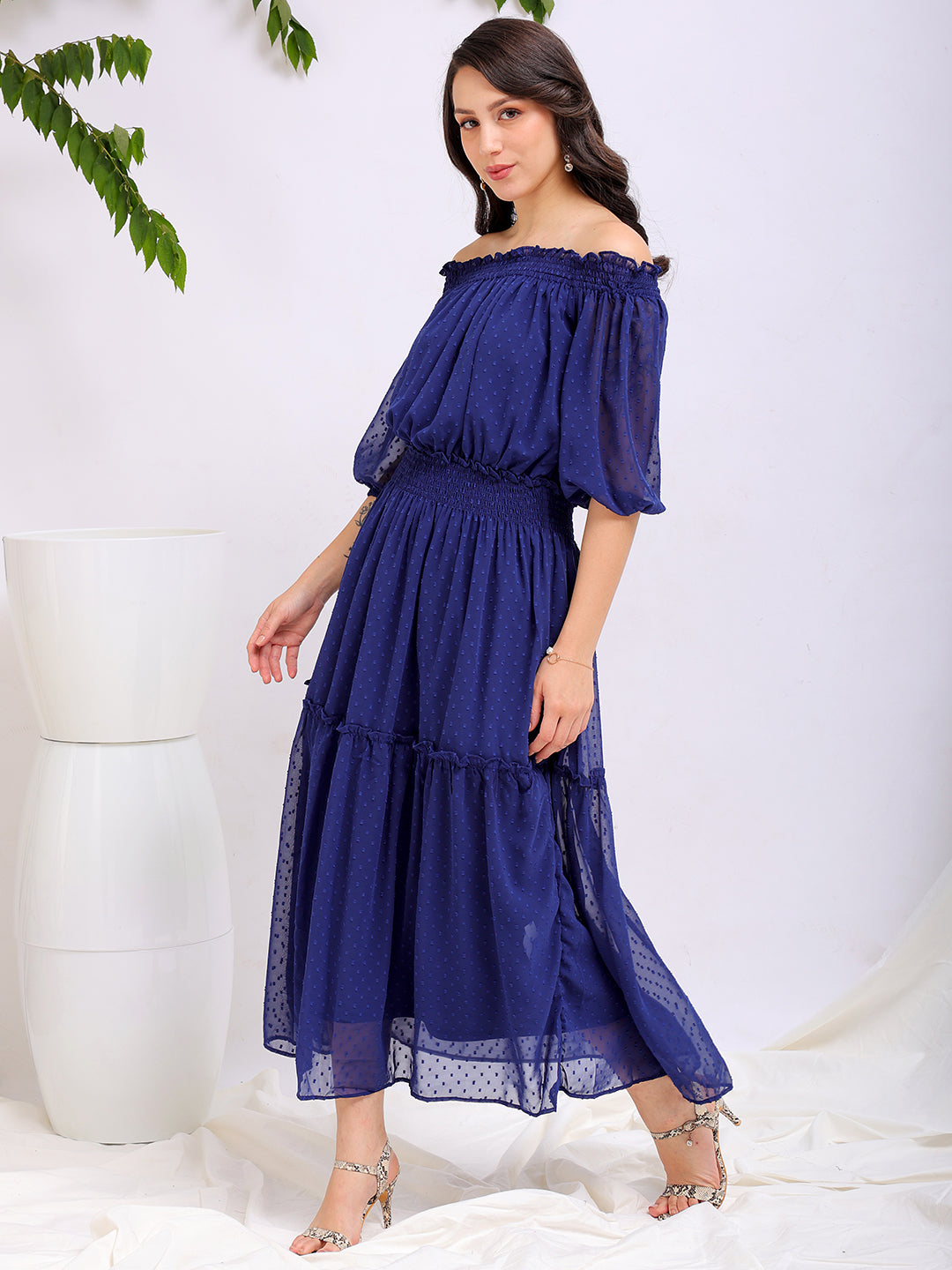 Women's Textured Fit and Flare Offshoulder Tiered Dress