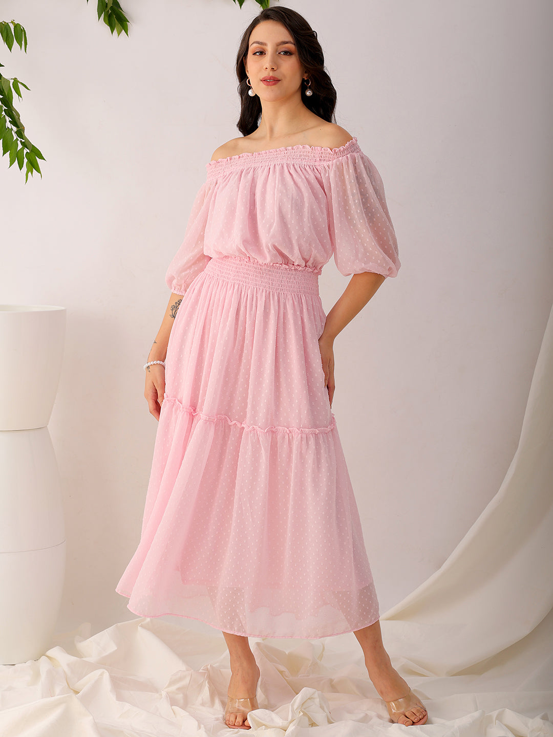 Women's Pink Fit and Flare Textured Off Shoulder Tiered Dress