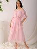 Women's Pink Fit and Flare Textured Off Shoulder Tiered Dress