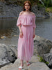 Women's Pink Fit and Flare Textured Off Shoulder Tiered Dress