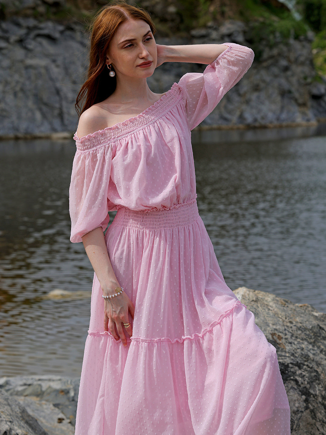 Women's Pink Fit and Flare Textured Off Shoulder Tiered Dress