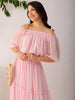 Women's Pink Fit and Flare Textured Off Shoulder Tiered Dress