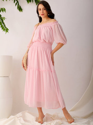Women's Pink Fit and Flare Textured Off Shoulder Tiered Dress