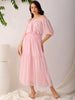 Women's Pink Fit and Flare Textured Off Shoulder Tiered Dress