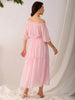 Women's Pink Fit and Flare Textured Off Shoulder Tiered Dress